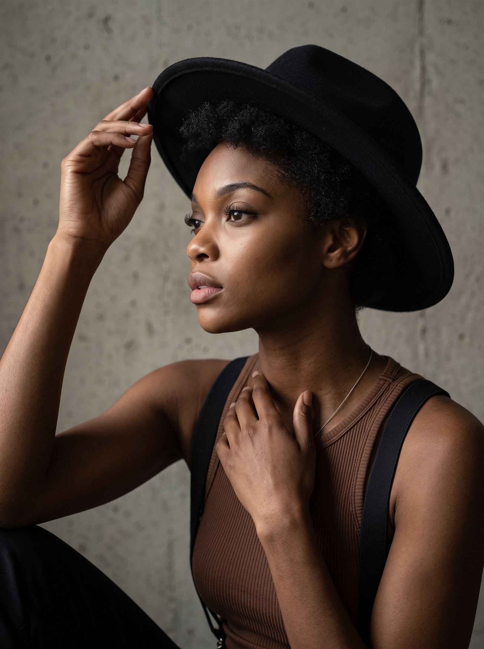 woman touching hat brim 2k 202607310135